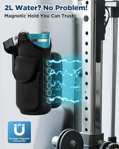 IPOW Magnetic Gym Bag Water Bottle Carrier Holder with Phone Pockets & Shoulder Strap for Men Women,Water Bottle Holder, Gym Pouch, Crossbody Bag for Travel, Sports, Work, Fitness - Black