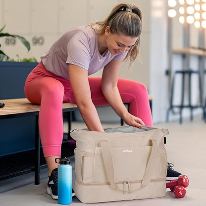 ETRONIK Gym Bag for Women, Personal Item Travel Bag with Shoes Compartment, Weekender Overnight Duffel Bag with Wet Pocket & USB Charging Port, Carry On Bag for Women, Travel, Gym, Weekend (Khaki)