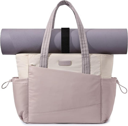 LOVEVOOK Gym Tote Bag for Women, Puffy Yoga Mat Bag with Large Cup Holder & Wet Pocket, Work Nurse Bag for Travel Workout