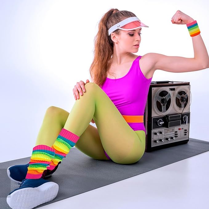 Leg Warmers for Women 80s Headband Wristbands Neon Leg Warmers Set for Sport Yoga - 80s Workout Clothes 90s Outfit for Women