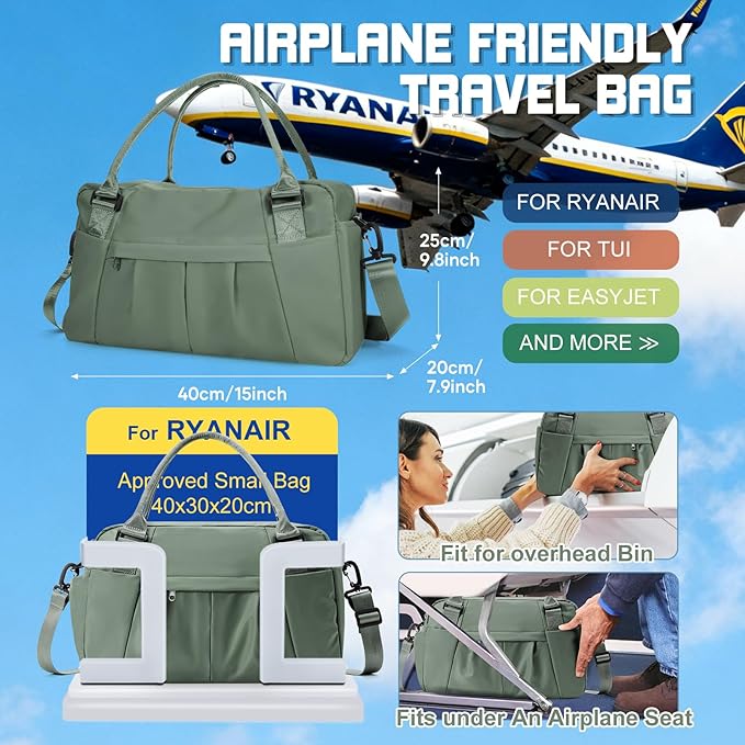 Travel Duffel Bag for Women - Small Waterproof Weekender Tote Carry on Bag with Shoe Compartment, Wet Pocket & Trolley Sleeve - Ideal for Gym, Yoga, Swim, Dance & Workout Green