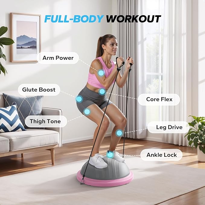 MERACH Balance Ball Trainer, 18 Inch Half Exercise Ball with Resistance Bands and Foot Pump, Half Yoga Ball for Core Strength Training, 450lb Capacity