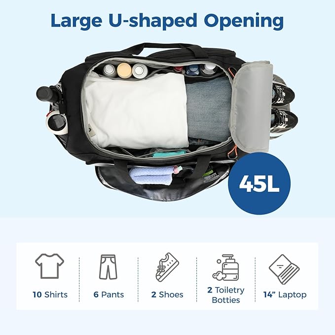 Searock 45L Gym Bag for Men, 3-In-1 Duffle Bag Backpack for Travel, Sports Duffel Bags for Gym Workout, Weekender Overnight Bag with Shoe Compartment, Wet Pocket, Black