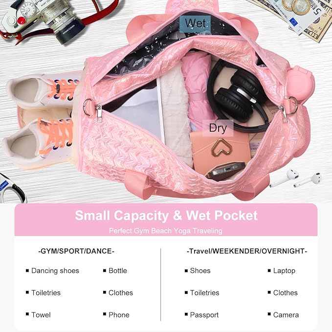 Gym Travel Duffle Bag for Girls - Gymnastics Sports Dance Bag with Shoe Compartment & Wet Pocket Unicorn Kids Travel Bag Teens Weekender Sleepover Carry On Bag