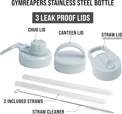 Gymreapers Insulated Water Bottle - Stainless Steel 32 Oz, 3 lids (Straw, Chug, Canteen), Double Walled Vacuum Insulation, Thermo Mug Cold Hot - Durable Powder Coated Finish