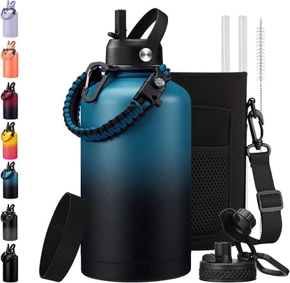 BENZZO 64/128 oz Water Bottles with Straw Auto Spout lid Keep Cold 48h,half gallon Water Jug Insulated with Carrier,Paracord Handle & Boot