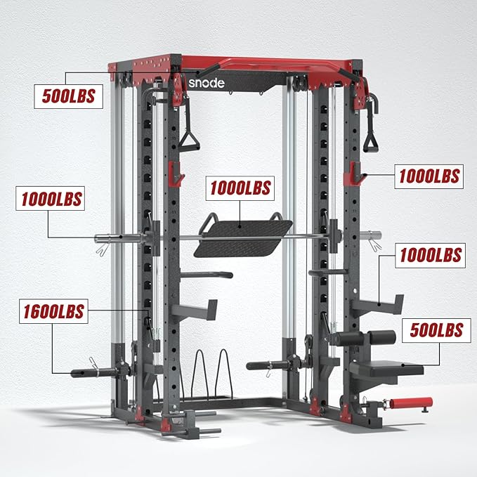 SNODE ALL10 Smith Machine for Home Gym, Power Rack with Cable Crossover, Squat Rack with Leg Press and Advanced LAT Pull-Down Seat, 2000LB Weight Capacity