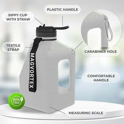 91oz Gym Daily Water Bottle Grey – Large BPA-Free PETG Jug with Magnetic Plate Phone Mount, Leakproof Flip-Top Lid, Wide Mouth for Ice, Straw, Carry Strap, Stable Base, Time Marker