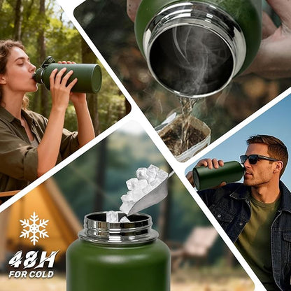 Half Gallon Water Bottle with Sleeve - 64 oz Insulated Water Jug with Handle Tactical Stainless Steel Sports Water Bottle with Strap for Gym Workout Hiking Camping Camo Pouch