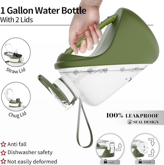 TOOFEEL 1 Gallon Water Bottle - 128 oz with Straw & Chug Lid - BPA Free, Gym & Travel Bottle - Military Green and White