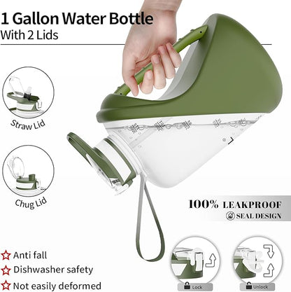TOOFEEL 1 Gallon Water Bottle - 128 oz with Straw & Chug Lid - BPA Free, Gym & Travel Bottle - Military Green and White