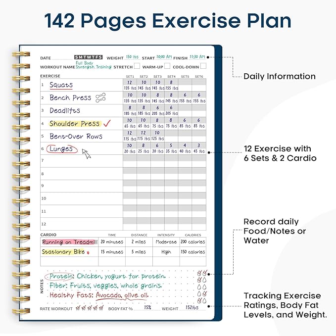 Fitness Workout Journal for Women & Men, A5(5.5" x 8.7") Workout Log Book Planner for Tracking, Progress, and Achieving Your Wellness Goals-Navy Blue