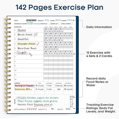 Fitness Workout Journal for Women & Men, A5(5.5" x 8.7") Workout Log Book Planner for Tracking, Progress, and Achieving Your Wellness Goals-Navy Blue