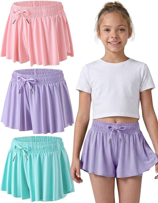 3 Pack Girls Flowy Shorts with Spandex Liner 2-in-1 Youth Butterfly Skirts for Fitness, Running, Sports