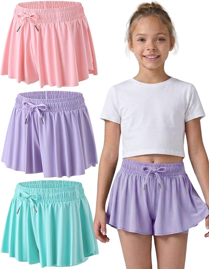3 Pack Girls Flowy Shorts with Spandex Liner 2-in-1 Youth Butterfly Skirts for Fitness, Running, Sports
