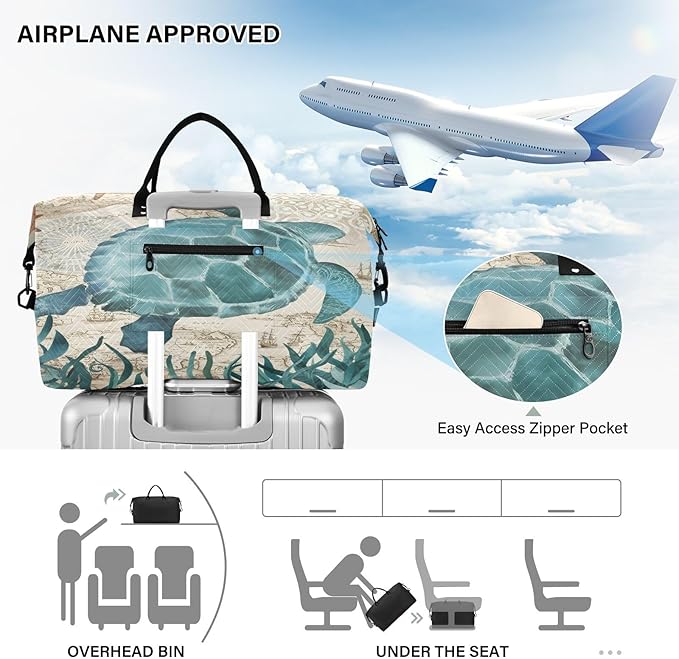 Weekender Bags Travel Duffel Gym Bag Carry on Overnight Tote Bag with Toiletry Bag for Airplane Travel Trip Gym Yoga (Sea Lives Turtle Coral)