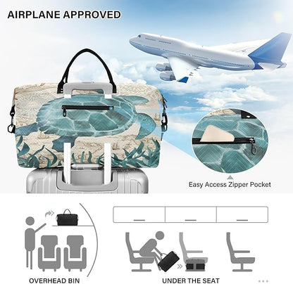 Weekender Bags Travel Duffel Gym Bag Carry on Overnight Tote Bag with Toiletry Bag for Airplane Travel Trip Gym Yoga (Sea Lives Turtle Coral)
