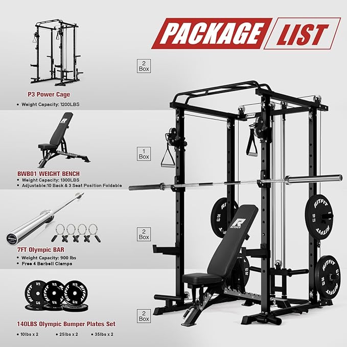 RitFit Multi-Function Garage & Home Gym Package Includes 1200LBS Power Cage PPC03/P3 with Cable Crossover System, Weight Bench, Olympic Barbell Weight Set, Full Body Workout