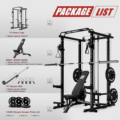 RitFit Multi-Function Garage & Home Gym Package Includes 1200LBS Power Cage PPC03/P3 with Cable Crossover System, Weight Bench, Olympic Barbell Weight Set, Full Body Workout