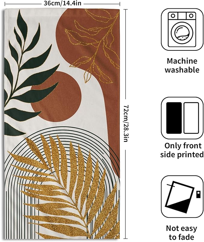 Boho Leaves Kitchen Towels Decorative Set Mid Century Golden Leaf Hand Towels Abstract Modern Sun Minimalist Arch Curve Geometric Boemian Soft Absorbent Drying Tea Towel for Home Yoga Gym Bathroom