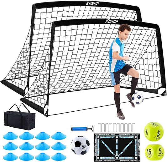 2 Set Kids Soccer Goals for Backyard with Training Equipment, Portable Foldable Practice Nets with Ball, Dice & Mat, Cones, Air Pump and Carry Bag for Toddler Youth Outdoor Sports Game