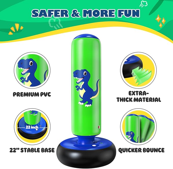 QPAU Inflatable Punching Bag, 48 Inch Stable Inflatable Boxing Bag for 3-6 Kids,Dinosaur Toy & Gifts for Boys and Girls, Kids Boxing Set for Practicing Karate, Taekwondo