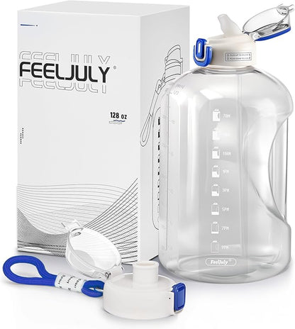 1 Gallon Water Bottle with Straw, 128 oz Large Water Jug with Times to Drink, Reusable Leak Proof with Handle, 2 Lids BPA Free Big Sports Bottles for Fitness Gym Camping (Clear, 128 Ounces)