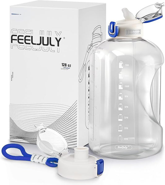 64 OZ Water Bottle with Straw, Half Gallon Water Bottle Times to Drink, Reusable Leak Proof Water Jug Handle with Strap, 2 Lids BPA Free for Fitness Gym Camping (Clear, 64 Ounces)