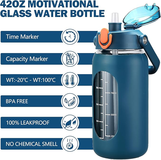 kytffu 42oz Glass Water Bottles with Straw, Motivational Glass Bottle with Silicone Sleeve and Time Marker, Leakproof Large Glass Water Jug for Gym Home Office,Blue