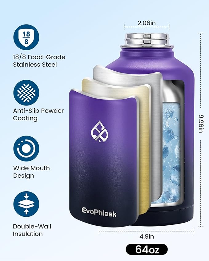 Insulated Water Bottle 64 oz, Vacuum Stainless Steel Water Bottle Keep Cold 48Hrs, Half Gallon Large Water Jug for Travel, Sport, Gym, Hiking with Carrier Bag, Purple/Black