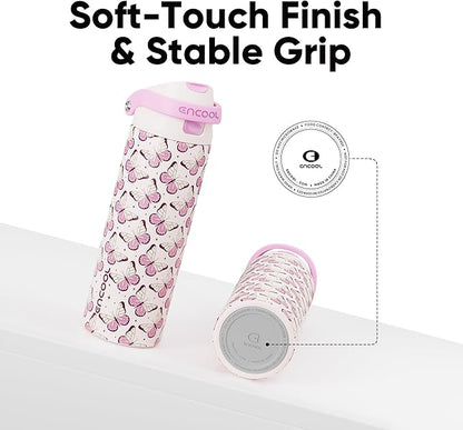 ENCOOL Leakproof Insulated Water Bottle with Straw Dual-Sip Water Bottle Bag-Safe Design for Work, Commute & Gym – Keeps Drinks Cold All Day, 24 oz, Blush Butterfly
