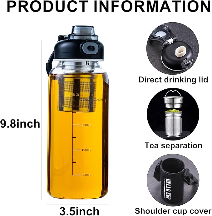 Snminetal 34oz Glass Water Bottle with Capacity Mark & Sleeve, BPA-Free Tea Bottle with Infuser for Hot & Cold Drinks, Tea, Coffee and Water for Gym, Home & Office