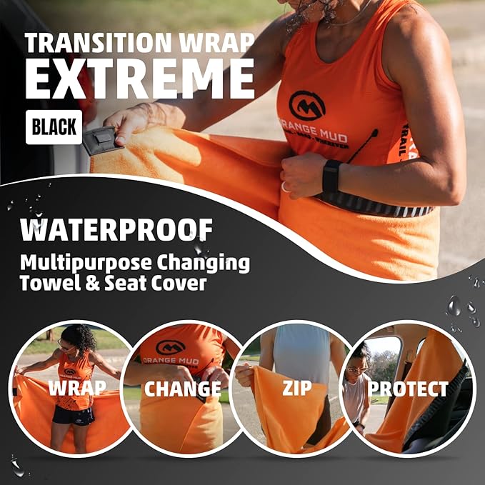 Orange Mud Transition Wrap Extreme – Waterproof Car Seat Cover & Changing Towel – Sweat-Proof, Secure Wrap for Athletes, Runners, Cyclists, Triathletes – Black
