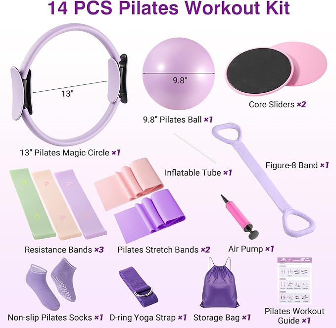 Rhino Valley Home Pilates Kit for Women, Pilates Equipment with 13'' Magic Circle, Mini Ball, 5 Resistance Bands, Bag & Guides, Beginner Home Workout Essentials Set for Full-Body Exercise