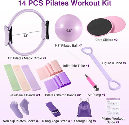 Rhino Valley Home Pilates Kit for Women, Pilates Equipment with 13'' Magic Circle, Mini Ball, 5 Resistance Bands, Bag & Guides, Beginner Home Workout Essentials Set for Full-Body Exercise