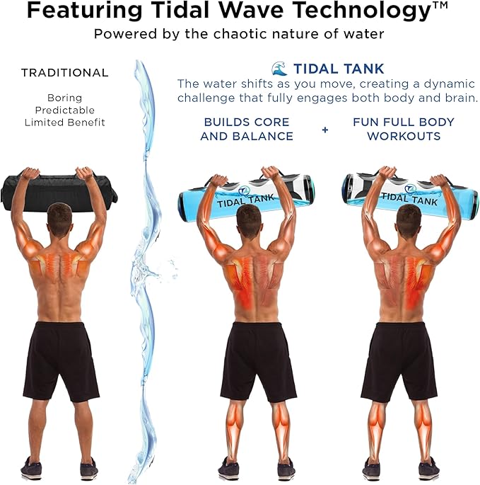 Tidal Tank -KettleTank Sand Bag Alternative 7lbs to 12lbs- Adjustable Aqua Bag & Power Bag with Water -Core and Balance Device- Portable Stability Fitness Equipment -Free App for Full Body Workout
