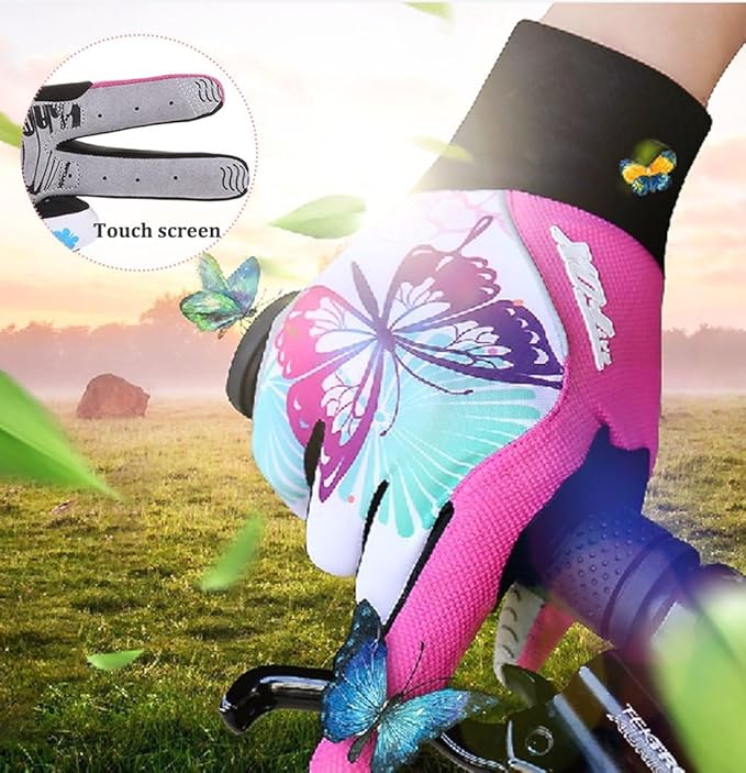 DuShow Bike Gloves for Women Cycling,Pink Floral Workout Gloves Women,Full Finger Biking Driving Riding Gloves for Women,Gel Padded Touch Screen Gym Gloves