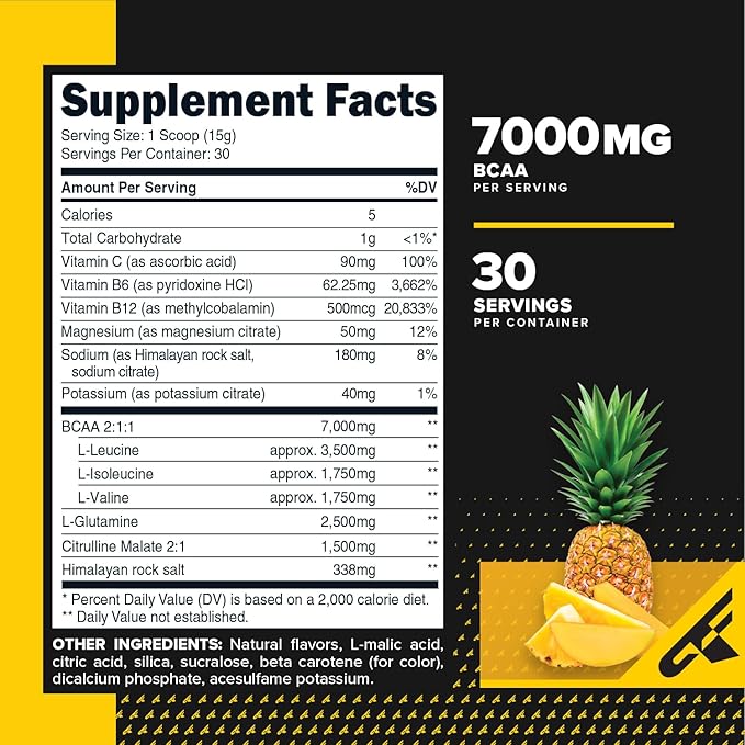 Primaforce BCAA Powder (Pineapple Mango) 30 Servings Per Container - 2:1:1 BCAAs, Post-Workout Recovery Drink with Amino Acids and Real Salt for Men & Women