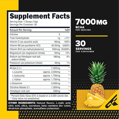 Primaforce BCAA Powder (Pineapple Mango) 30 Servings Per Container - 2:1:1 BCAAs, Post-Workout Recovery Drink with Amino Acids and Real Salt for Men & Women