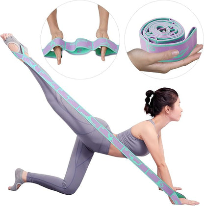 Elastic Yoga Stretching Strap with 9 Loops Pattern Guide, Stretch Straps for Pilates, Dance, Gymnastics Physical Therapy, Multi-Loop Adjustable Exercise Bands