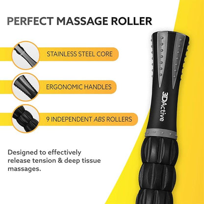3DActive Massage Roller Stick for Muscle Recovery, Deep Tissue & Trigger Point Massage Muscleroller for Athletes for Post-Workout Recovery, Relieve Cramps & Release Muscle Tension - Gray