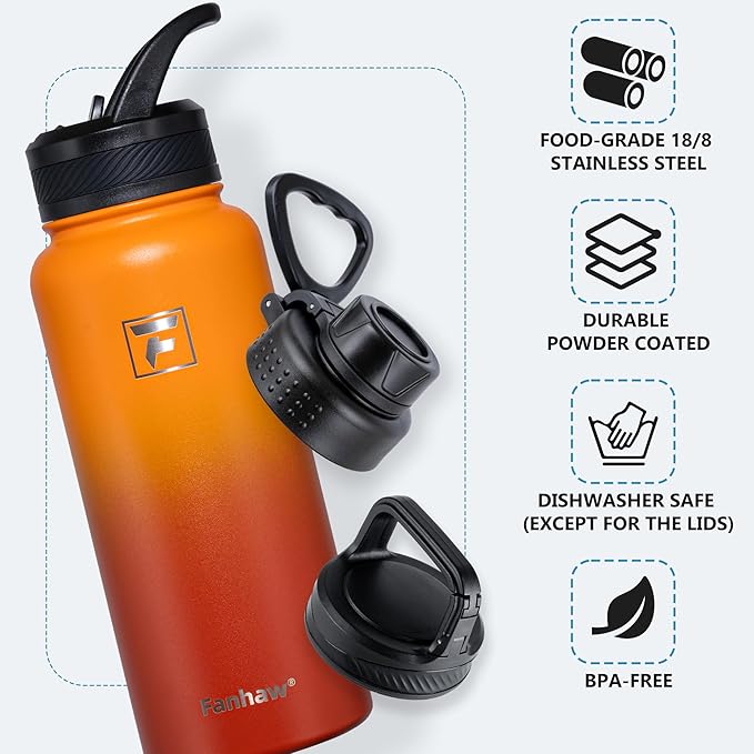 Fanhaw 32 oz Insulated Water Bottle – Portable Stainless Steel Flask with 3 Lids (Straw, Spout, Carabiner) | Leakproof, for Gym, Hiking, Work, Travel & Everyday Use (Yellow Orange)