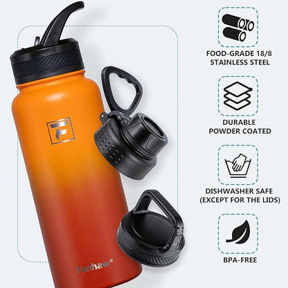 Fanhaw 32 oz Insulated Water Bottle – Portable Stainless Steel Flask with 3 Lids (Straw, Spout, Carabiner) | Leakproof, for Gym, Hiking, Work, Travel & Everyday Use (Yellow Orange)