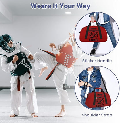 Custom Name Taekwondo Karate Duffle Bag for kids Boy Girls - Personalized Martial Arts Gear Bag, Water-Resistant Sparring Equipment Bag, Karate Red