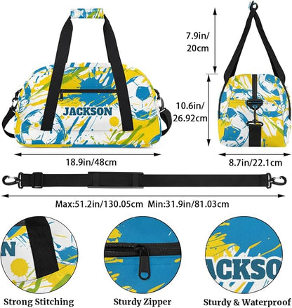 Personalized Boys Soccer Gym Duffel Bags for Kids, Custom Name Sport Training Travel Bags for Overnight Weekender