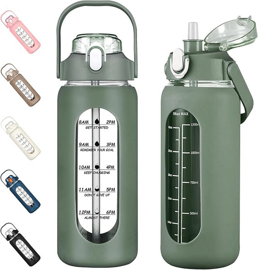 kytffu 56oz Glass Water Bottles with Straw, Motivational Glass Bottle with Silicone Sleeve and Time Marker, Leakproof Large Glass Water Jug for Gym Home Office,Olive