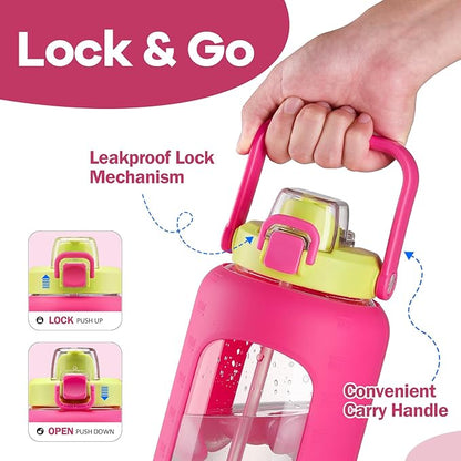 72oz Glass Water Bolttles, 3-in-1 Straw and Sip Spout Handle Lid, Half Gallon Water Bottle with Time Marker and Silicone Sleeve, BPA-Free Sports Water Bottle for Gym, School, Bright Pink