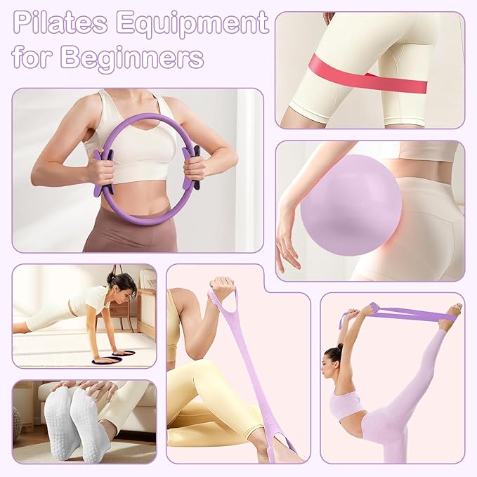 Hoedia 17 PCS Pilates Kit for Women, Pilates Equipment Ring and Ball Set with Resistance Bands, Yoga Strap, Core Sliders, Socks, Bag & Guide for Starter Home Workout Fitness Gym Essentials