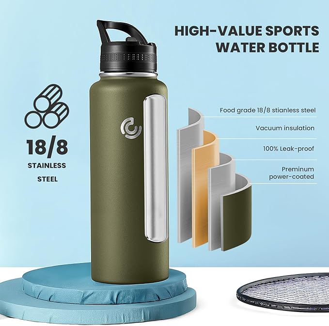 COKTIK 40oz Sports Water Bottle, Stainless Steel Water Bottle for Insulated, Reusable Travel Bottle, With Straw, With Handle Grip for Easy Carrying, Suitable for Cycling, Outdoor Vacations(Army Green)