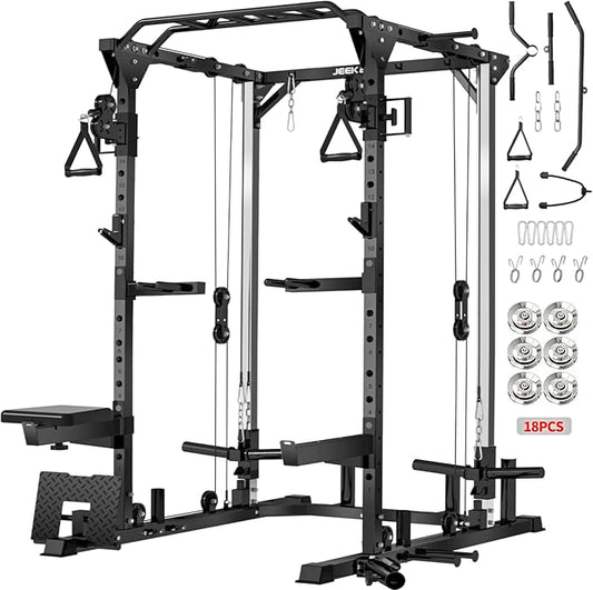 JEEKEE Power Cage with Cable Crossover System, 2000LB Multi-Function Power Rack with Independent Dual Pulleys, LAT Pulldown Seat Cushion, 20+ Attachments Squat Rack for Home Gym Workout